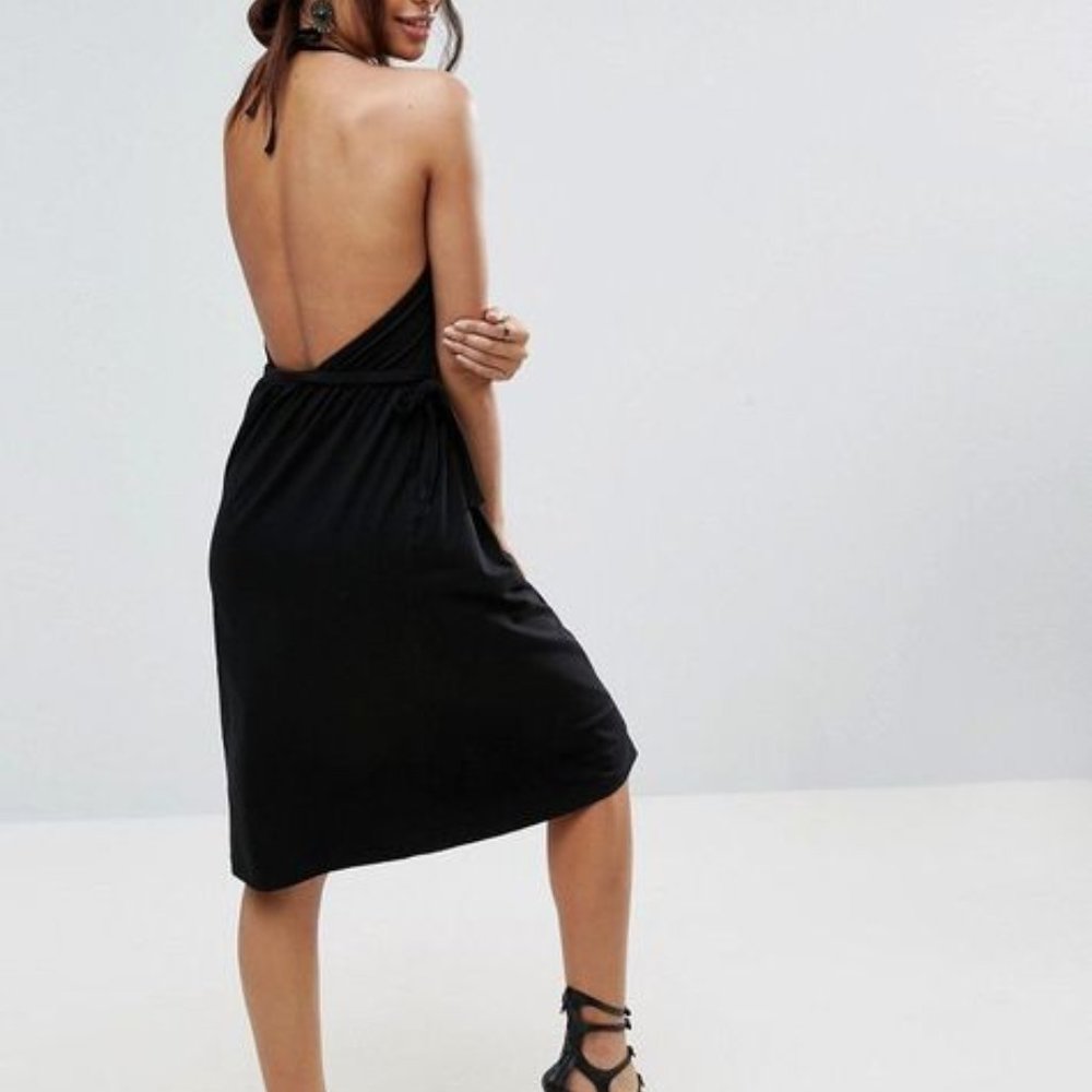 ASOS Black backless halter midi wrap dress